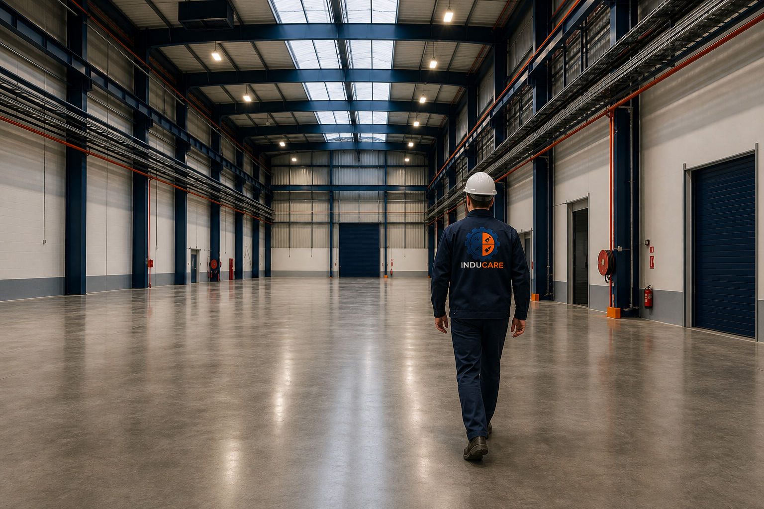 Responsable de InduCare caminando por una nave industrial reformada